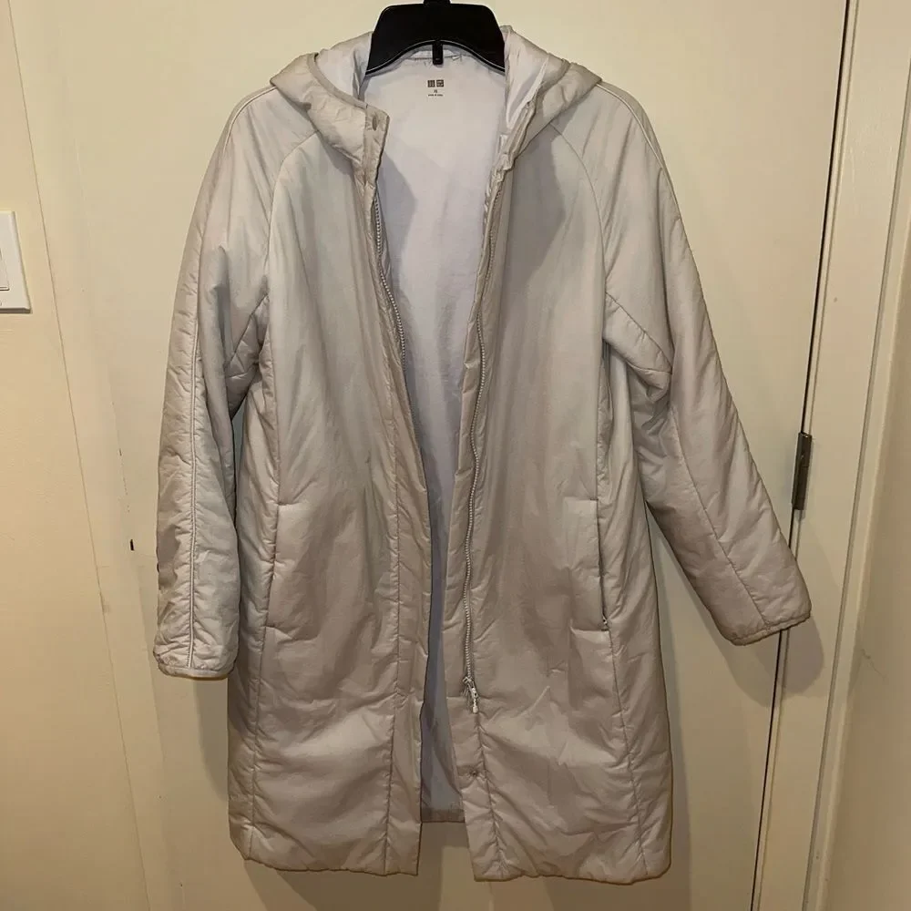UNIQLO Light Puffer Long Hooded Coat Puffer Parka Womens XS Light grey